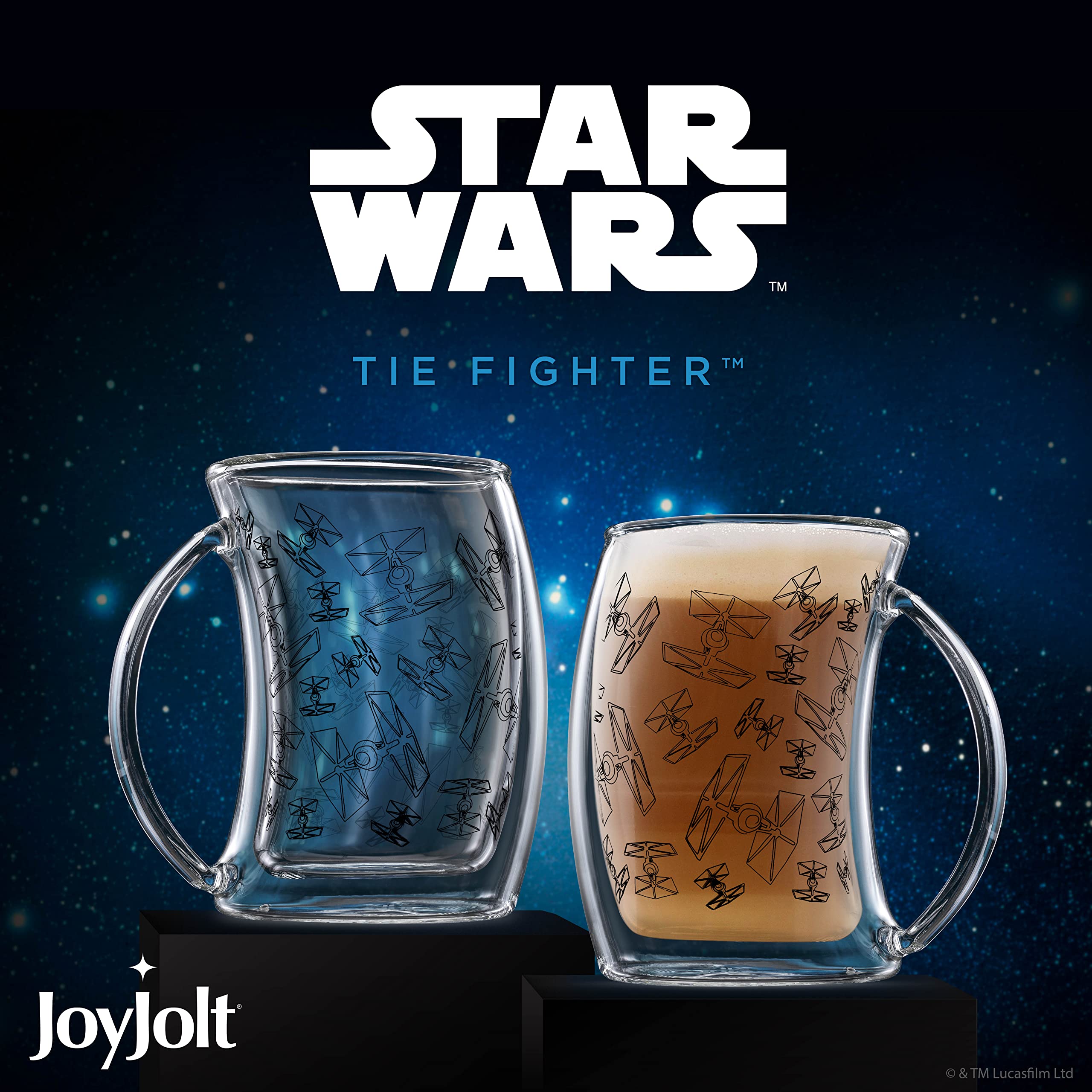 JoyJolt TIE Fighter Insulated Coffee Mug with Handle (10oz). 2 Star Wars Mug Coffee Cups. Espresso Cups, Tea Cup or Hot Chocolate Glass Cups. Borosilicate Glass Mug, Double Wall Glass Coffee Mugs Set