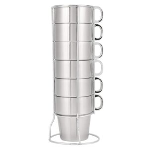 Agatige 6PCS Stackable Stainless Steel Coffee Cups, 300ml Stainless Steel Cup Stackable Coffee Mug with Rack, Insulated Coffe Cup Tea Cups Double Wall Expresso Coffee Cup Water Cup for Home,6x9.5cm