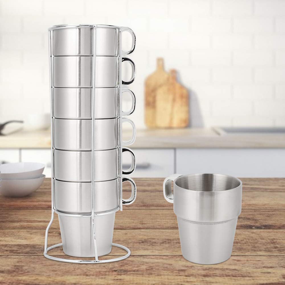 Agatige 6PCS Stackable Stainless Steel Coffee Cups, 300ml Stainless Steel Cup Stackable Coffee Mug with Rack, Insulated Coffe Cup Tea Cups Double Wall Expresso Coffee Cup Water Cup for Home,6x9.5cm