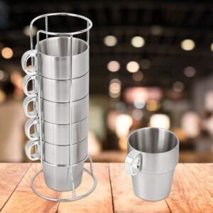 Agatige 6PCS Stackable Stainless Steel Coffee Cups, 300ml Stainless Steel Cup Stackable Coffee Mug with Rack, Insulated Coffe Cup Tea Cups Double Wall Expresso Coffee Cup Water Cup for Home,6x9.5cm