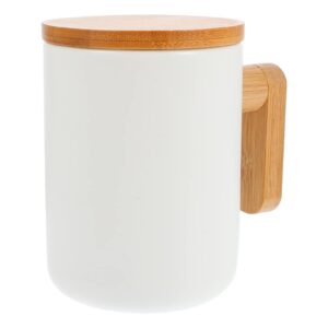 veemoon flat bottom coffee mug with wood lid, 380 ml ceramic cup for coffee warmer, keeps warm for tea, cocoa, milk and hot beverage
