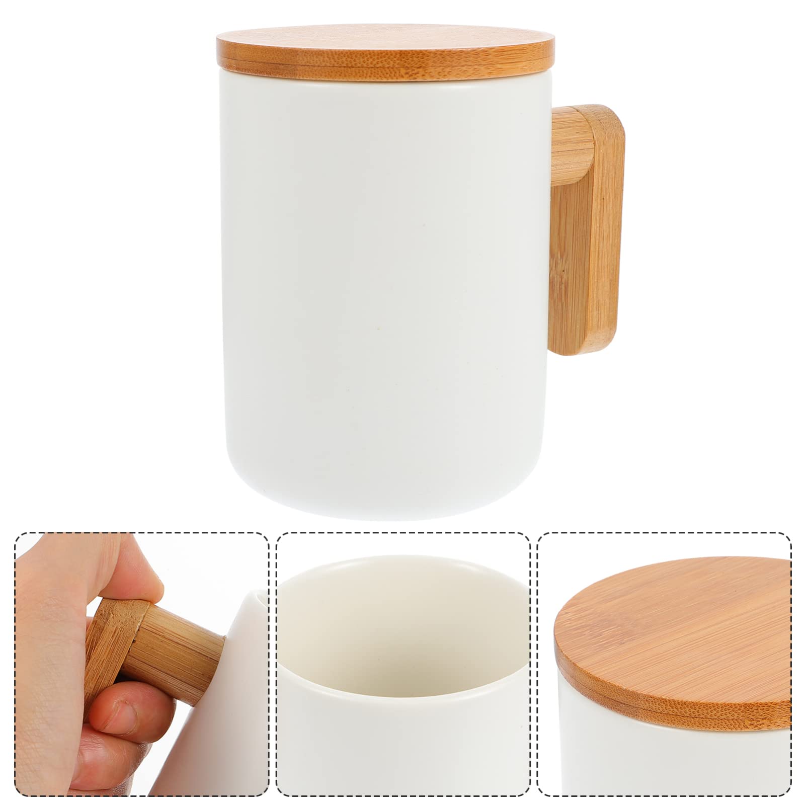 Veemoon Flat Bottom Coffee Mug with Wood Lid, 380 ML Ceramic Cup for Coffee Warmer, Keeps Warm for Tea, Cocoa, Milk and Hot Beverage