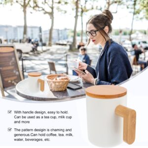 Veemoon Flat Bottom Coffee Mug with Wood Lid, 380 ML Ceramic Cup for Coffee Warmer, Keeps Warm for Tea, Cocoa, Milk and Hot Beverage