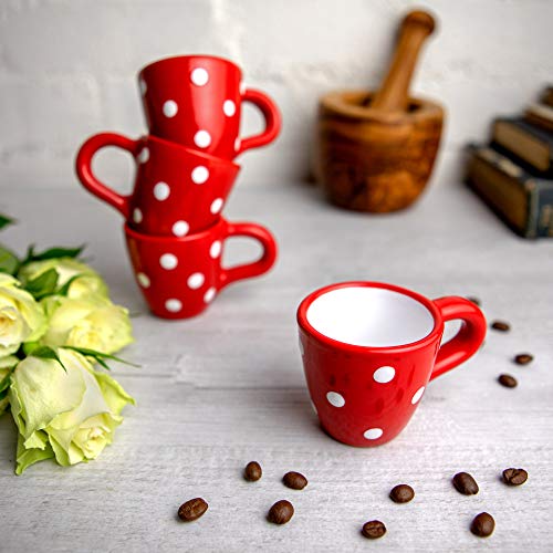 City to Cottage Handmade Red and White Polka Dot Ceramic 2oz/60ml | Espresso Set of 4, Unique Designer Pottery for Coffee Lovers