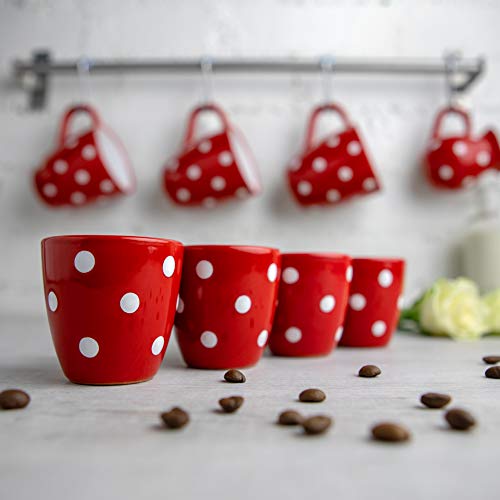 City to Cottage Handmade Red and White Polka Dot Ceramic 2oz/60ml | Espresso Set of 4, Unique Designer Pottery for Coffee Lovers