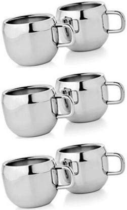 SS Ecom Set of 6 Stainless Steel Coffee Cups, Small Tea Cups with Stainless Steel Handle, Double Wall Espresso Cup Set - Silver, 3.5 oz