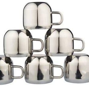 SS Ecom Set of 6 Stainless Steel Coffee Cups, Small Tea Cups with Stainless Steel Handle, Double Wall Espresso Cup Set - Silver, 3.5 oz