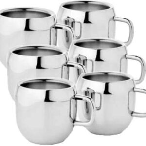 SS Ecom Set of 6 Stainless Steel Coffee Cups, Small Tea Cups with Stainless Steel Handle, Double Wall Espresso Cup Set - Silver, 3.5 oz