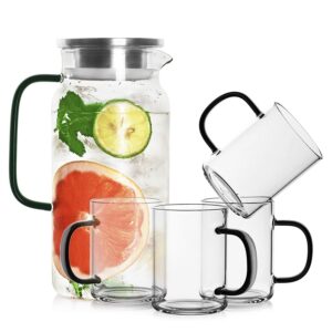 luxu 42oz glass pitcher set,contain a 42oz glass pitcher and 4 coffee mugs with dark green handle,premium kettle set for daily use,pretty teapot idea for tea lovers