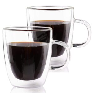 sivaphe double wall demitasse cups with handle 12oz set of 2 clear borosilicate glass espresso mugs for latte, cappuccino, tea, beverages, ice coffee