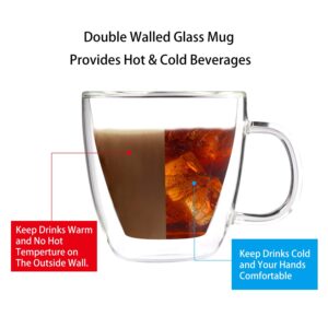 Sivaphe Double Wall Demitasse Cups With Handle 12oz Set of 2 Clear Borosilicate Glass Espresso Mugs for Latte, Cappuccino, Tea, Beverages, Ice Coffee
