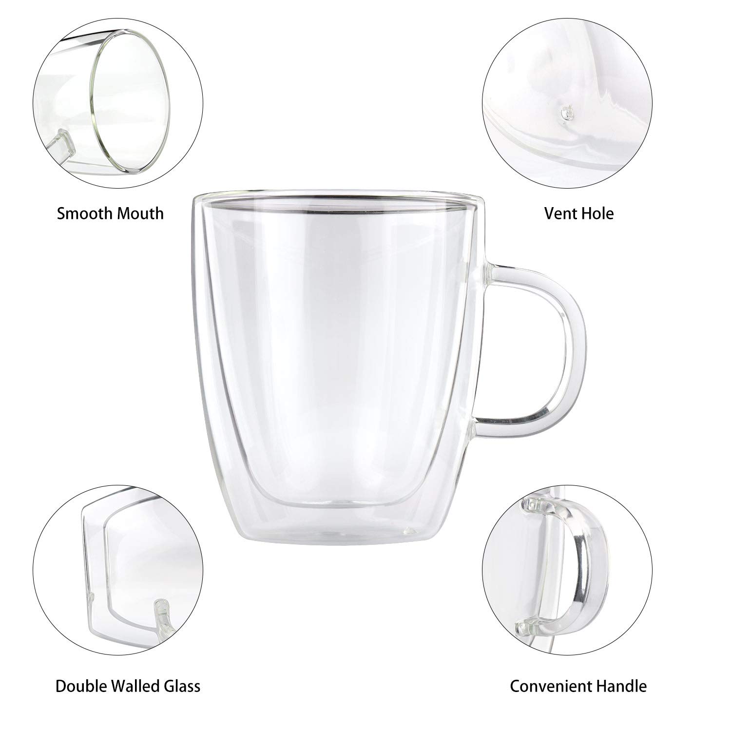 Sivaphe Double Wall Demitasse Cups With Handle 12oz Set of 2 Clear Borosilicate Glass Espresso Mugs for Latte, Cappuccino, Tea, Beverages, Ice Coffee