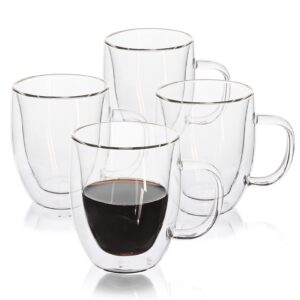g double wall coffee mug set of 4 with handle, 12.4 oz insulated glassware espresso cups for iced/hot tea latte beverages large cappuccino borosilicate drinking glasses tea cup