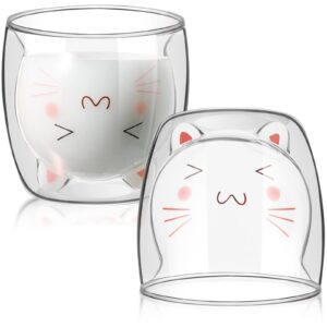 cute bear tea cup duck cat coffee mug milk double wall glass chocolate cappuccino cup gift for women men office christmas birthday valentine gifts, 250 ml (clear cat, 2 pieces)