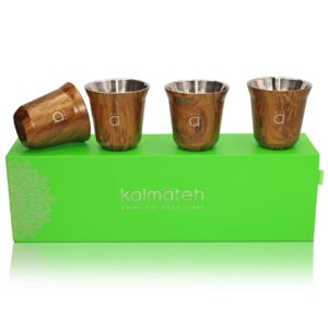 Kalmateh Heat Resistant Espresso Coffee Cups- Set of 4 - Double Wall Insulated Stainless Steel Espresso Cup Set - 2.7oz 80ml (Wood, 80ml)