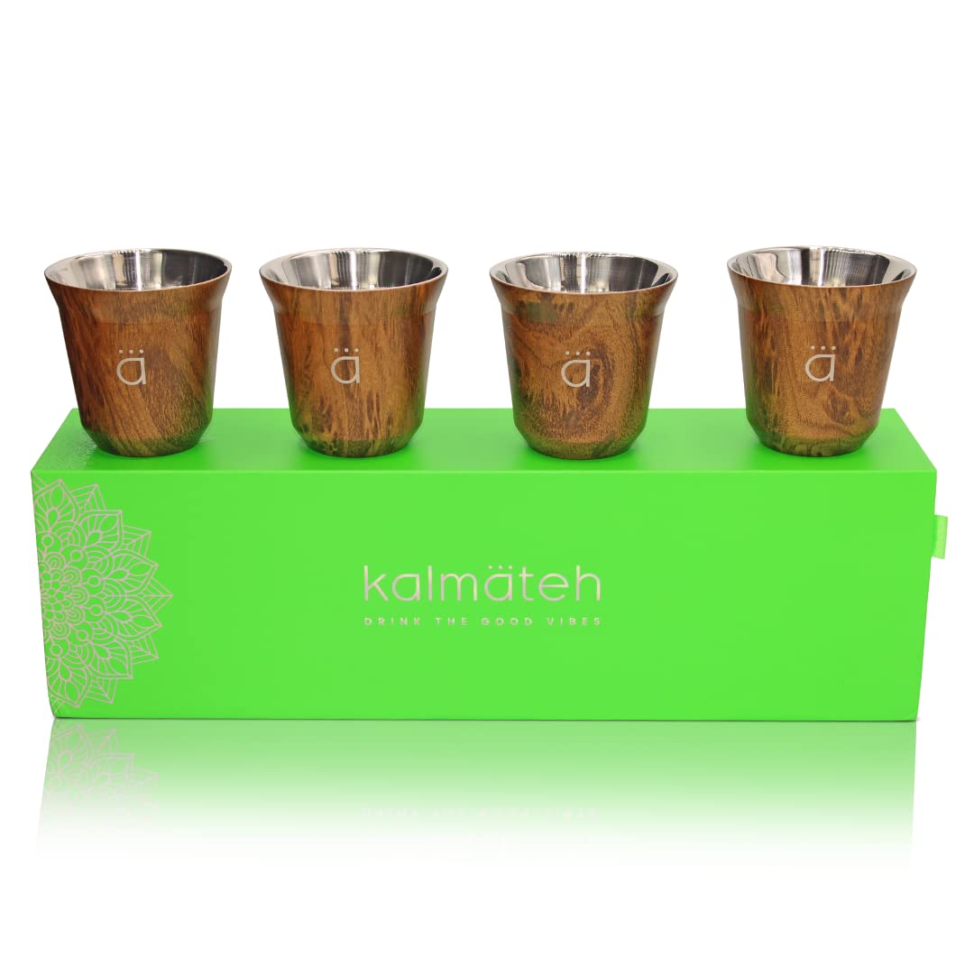 Kalmateh Heat Resistant Espresso Coffee Cups- Set of 4 - Double Wall Insulated Stainless Steel Espresso Cup Set - 2.7oz 80ml (Wood, 80ml)