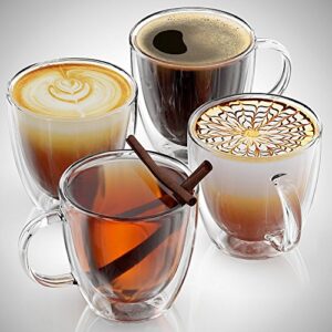 Espresso cups 5 oz - Glass Espresso cups - Set of 4 - Double Wall Espresso Cups, Espresso cup with Handle, Gift Box Set, Premium Expresso coffee cups sets - Stone & Mill AM-04 espresso shot glasses