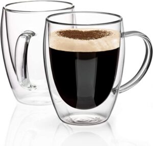 blooming life style 2-pack 12 oz double walled glass coffee mugs with handle,insulated layer coffee cups,clear borosilicate glass mugs,perfect for cappuccino,tea,latte,espresso,hot beverage