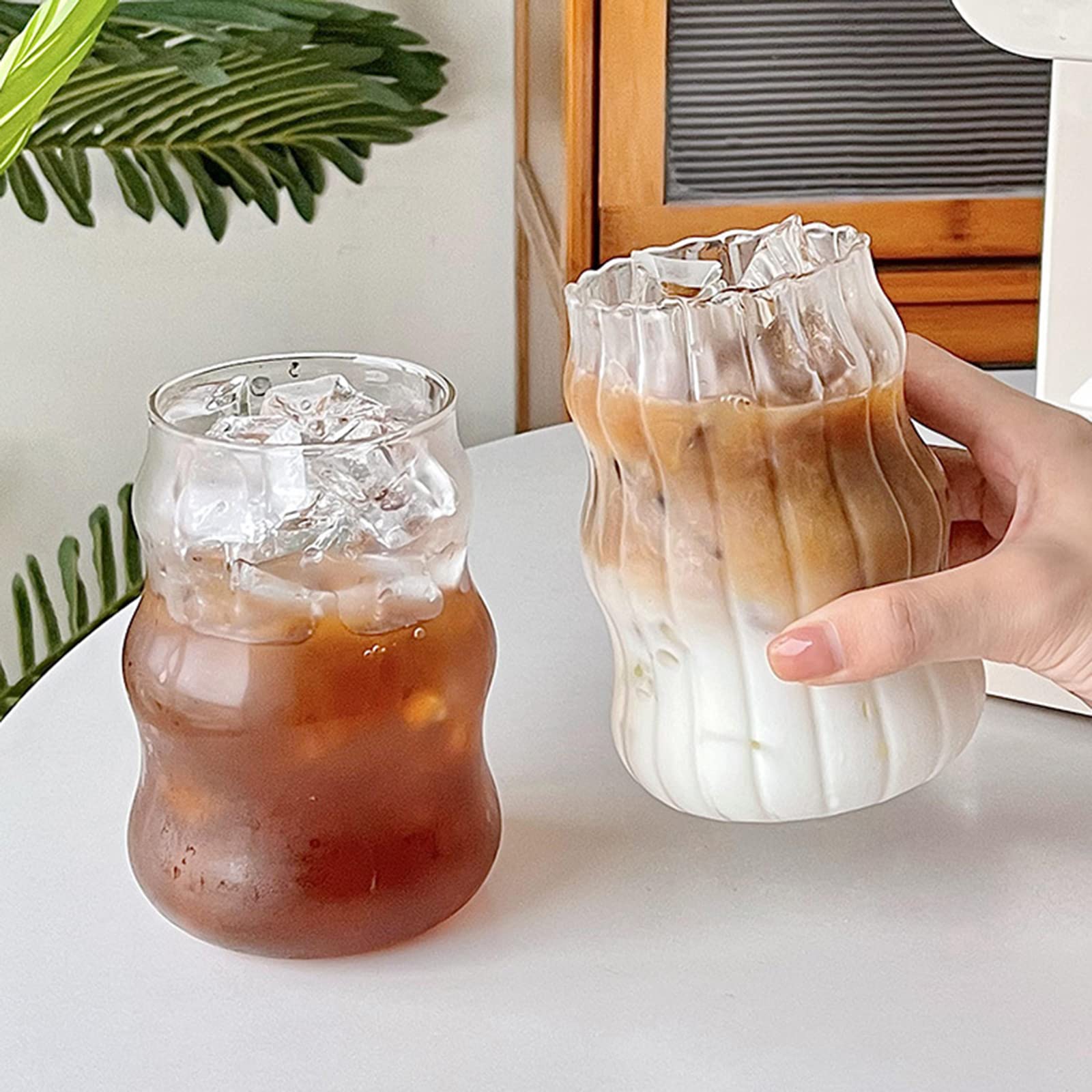 MALOKI Ripple Drinking Glasses,Origami Style Glass Cup Creative Ribbed Glassware Iced Coffee Cups Ideal for Cocktail, Whiskey, Fruit Juice,Milk,Water, Kitchen Bar Decor