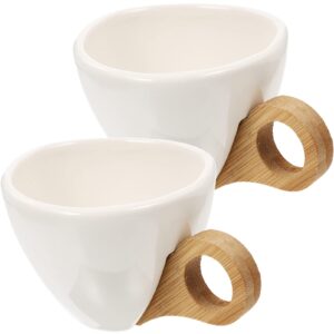 Hemoton 2Pcs Coffee Mug Ceramic with Wooden Handle, 150ml/5Oz Coffee Cup Household Drinking Cup Espresso Cup (White)