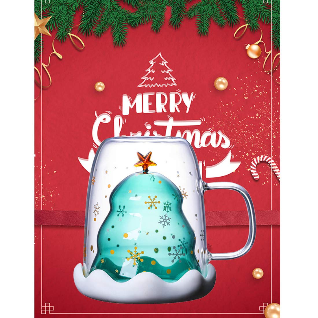 MUCHENGGIFT Cute Mug Christmas Tree Coffee Mugs, Tea Milk Cup Double Wall Insulated Glasses Espresso Cup, Best Christmas Gifts for Women,Men,Kid, Office