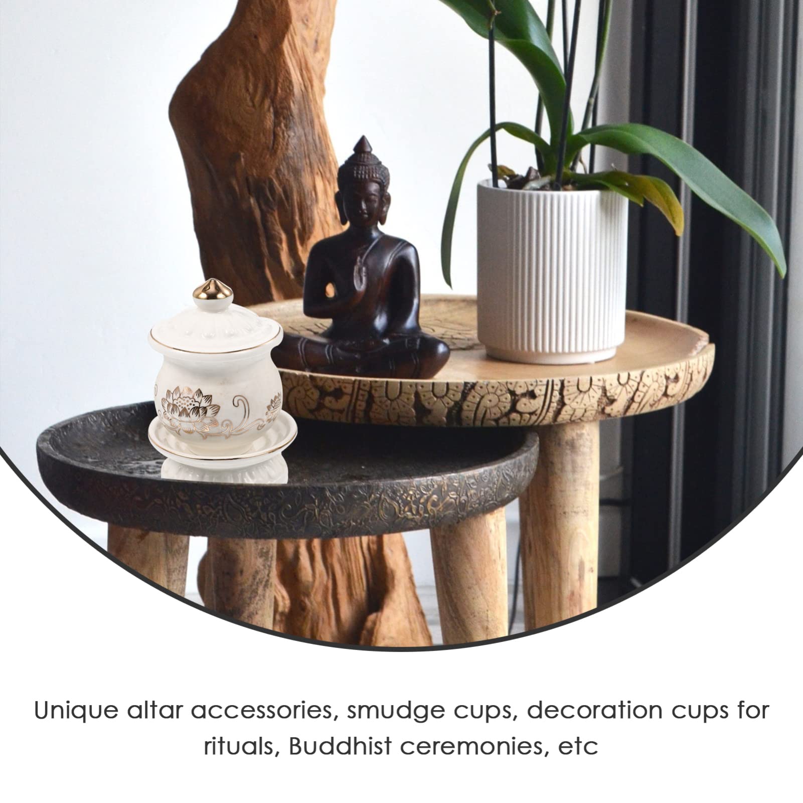 Operitacx Ceramic Holy Water Cup Buddhist Temple Water Bowls Tibetan Buddhist Worship Cup Lotus Printed Offering Cup with Tray for Home Buddhist Supplies White