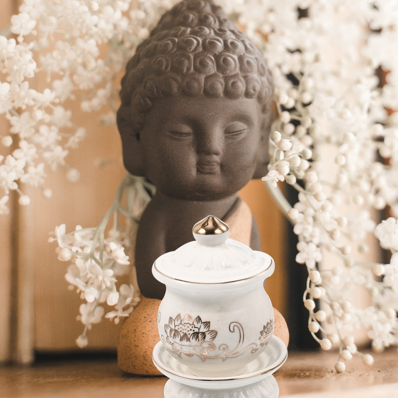 Operitacx Ceramic Holy Water Cup Buddhist Temple Water Bowls Tibetan Buddhist Worship Cup Lotus Printed Offering Cup with Tray for Home Buddhist Supplies White