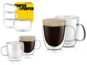 punpun bundle: 17oz large clear coffee mugs (set of 2) & 8.5oz shot glass coffee cups (set of 2) & 2.7oz tea cups (set of 4) double wall designed glass cups
