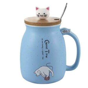f finec 15oz cute cat ceramic mug, 450ml milk coffee tea cup with spoon and three-dimensional kitty wood lid, heat-resistant cartoon kitten mugs for children office lovers gifts