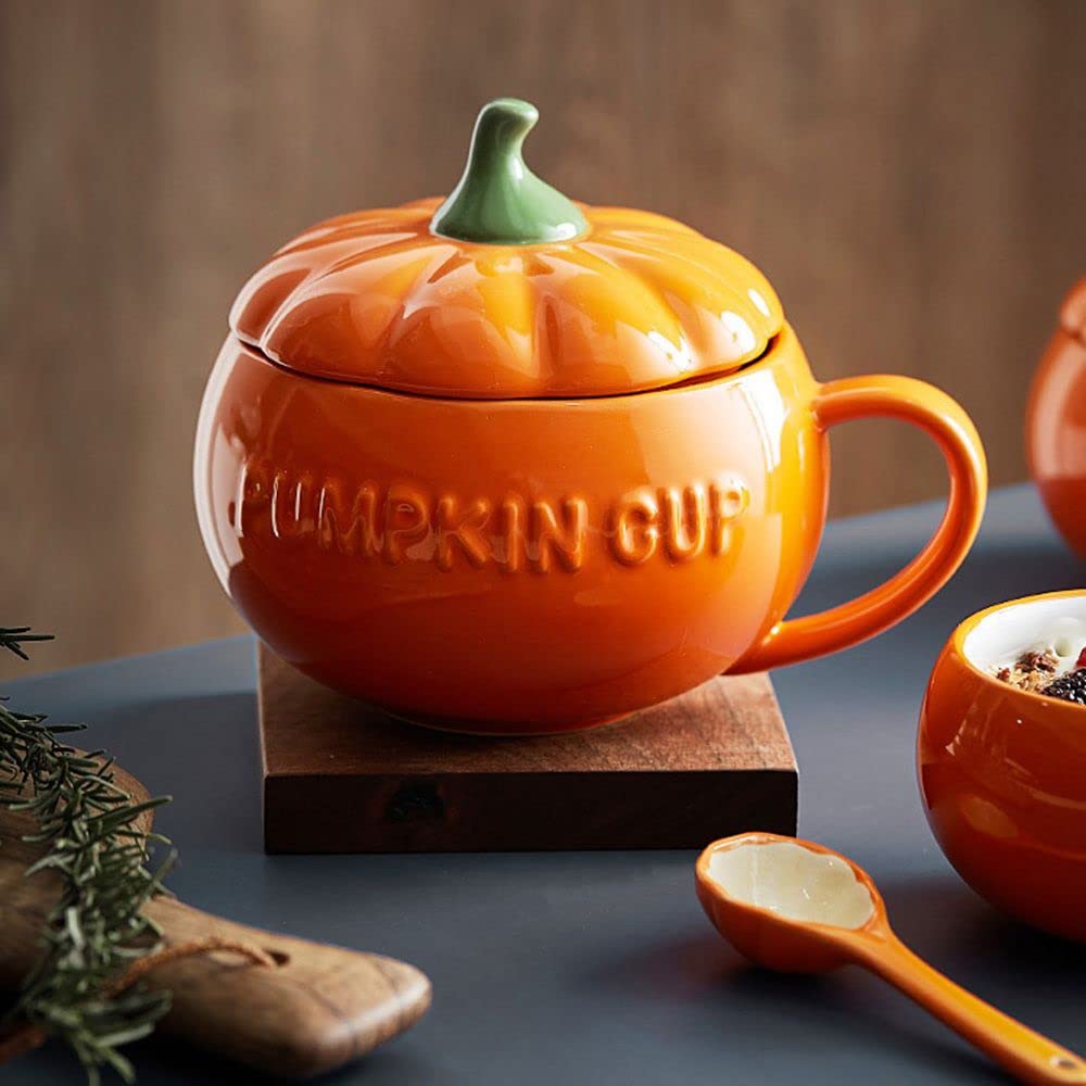 Pumpkin Cup Ceramic Mug Water Cup for Coffee and Tea Ceramic Coffee Mug Milk Cup Breakfast Oatmeal Mug Halloween Decoration(L-Spoon)