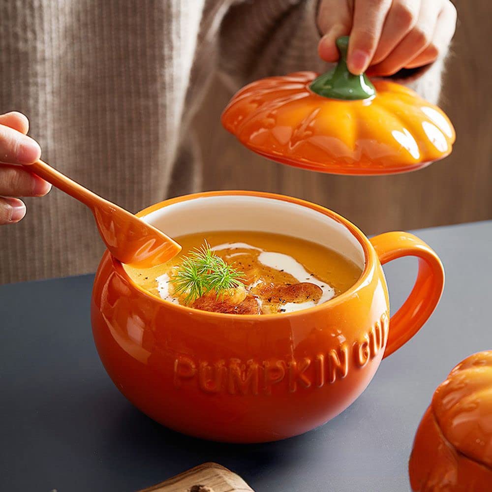 Pumpkin Cup Ceramic Mug Water Cup for Coffee and Tea Ceramic Coffee Mug Milk Cup Breakfast Oatmeal Mug Halloween Decoration(L-Spoon)