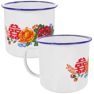 cabilock red cups 2pcs enamel camping mugs retro chinese style tea mug coffee mugs vintage water cup milk mug with lid wine cup drinking tumbler for home office 500ml vintage coffee mugs