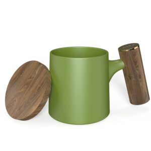 dhpo artisan series matte ceramic coffee mug tea cup t shape with large beautiful wooden handle and lid for office and home, 15oz, green