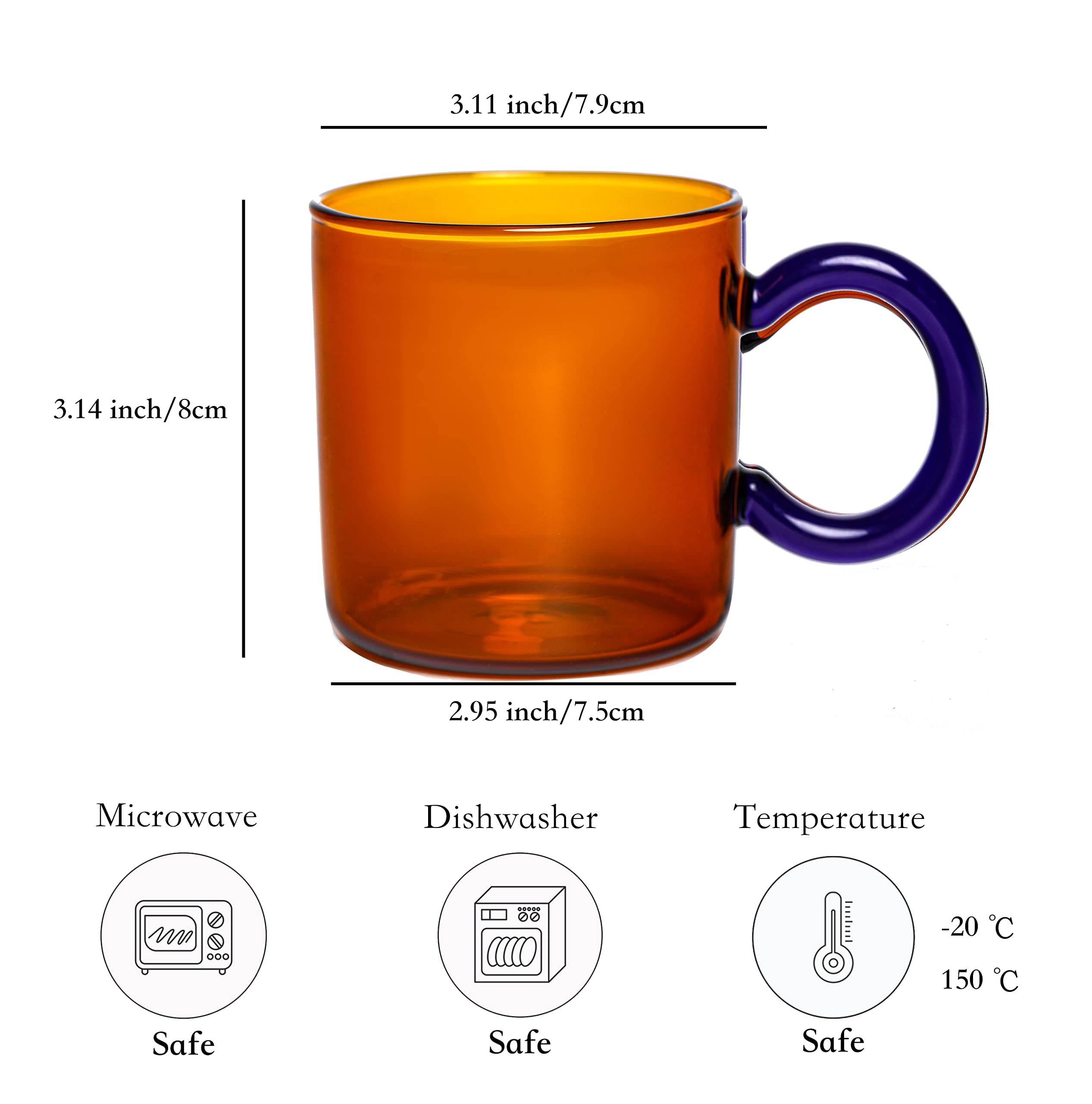 AryaElla 10oz Glass Coffee Mug, Amber Clear Cup with Handle for Hot/Cold Coffee Tea Beverage, Wide Mouth Mug Perfect for Mocha Espresso Latte Tea Milk Juice, Lead-Free Drinking Glassware.