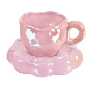 koythin ceramic coffee mug, creative cute cream sheen cup with sunflower coaster for office and home, 6.5 oz/200 ml for tea latte milk (cream pink)