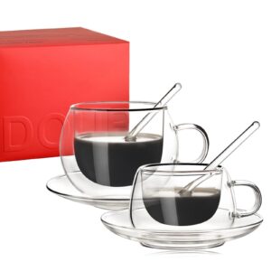 prtecy glass espresso cups with saucers and spoons set of 2, 5.07/8.45 oz double wall insulated glass coffee/tea cups drinking demitasse mugs for cappuccino latte tea and more beverage