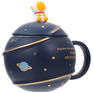 BESPORTBLE Ceramic Coffee Mug with Spoon Cartoon Astronaut Planet Pattern Porcelain Coffee Cup Cute Cappuccino Cup Tea Cup Mug Milk Cup Drinking Cup Birthday Blue