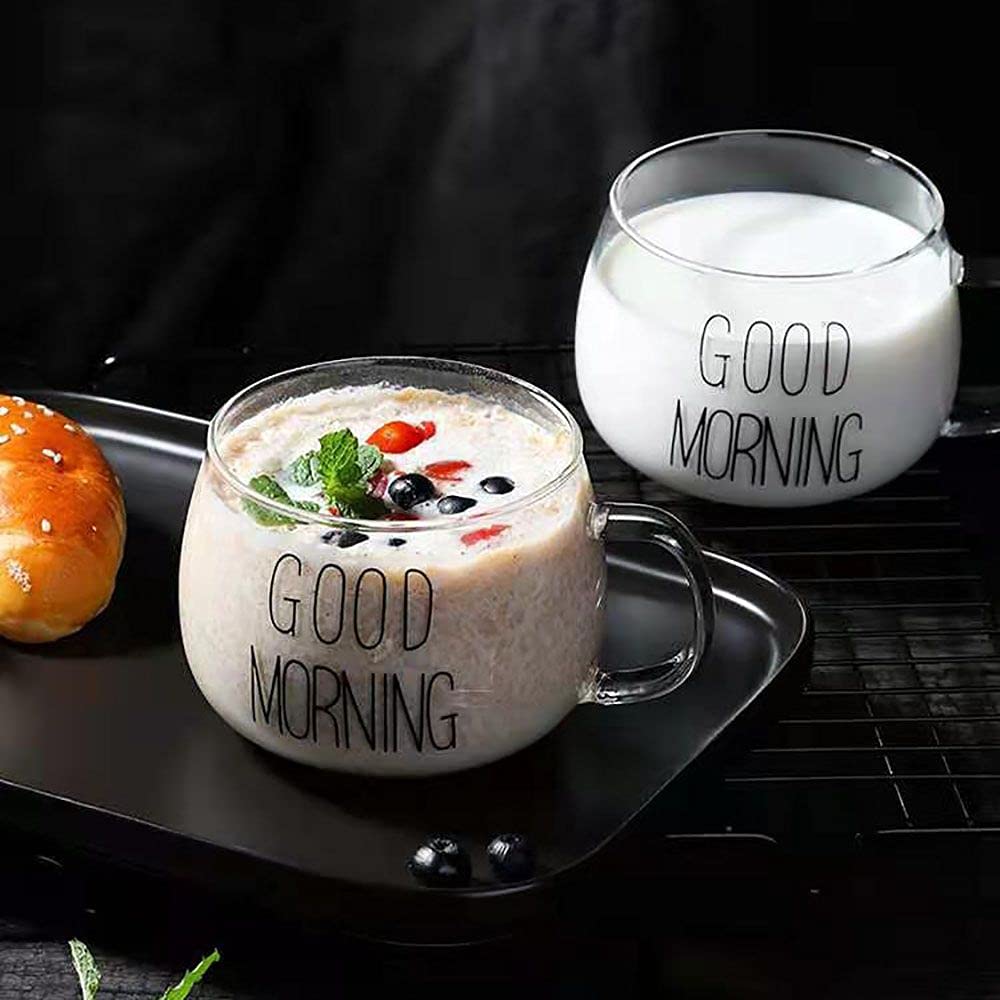 CHDHALTD 350ml Glass Mugs With Handle,Good Morning Cup,Coffee Mug,For Coffee, Tea, Soup,Juice,Milk,Clear Drinking Cup