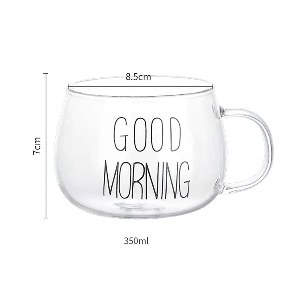 CHDHALTD 350ml Glass Mugs With Handle,Good Morning Cup,Coffee Mug,For Coffee, Tea, Soup,Juice,Milk,Clear Drinking Cup