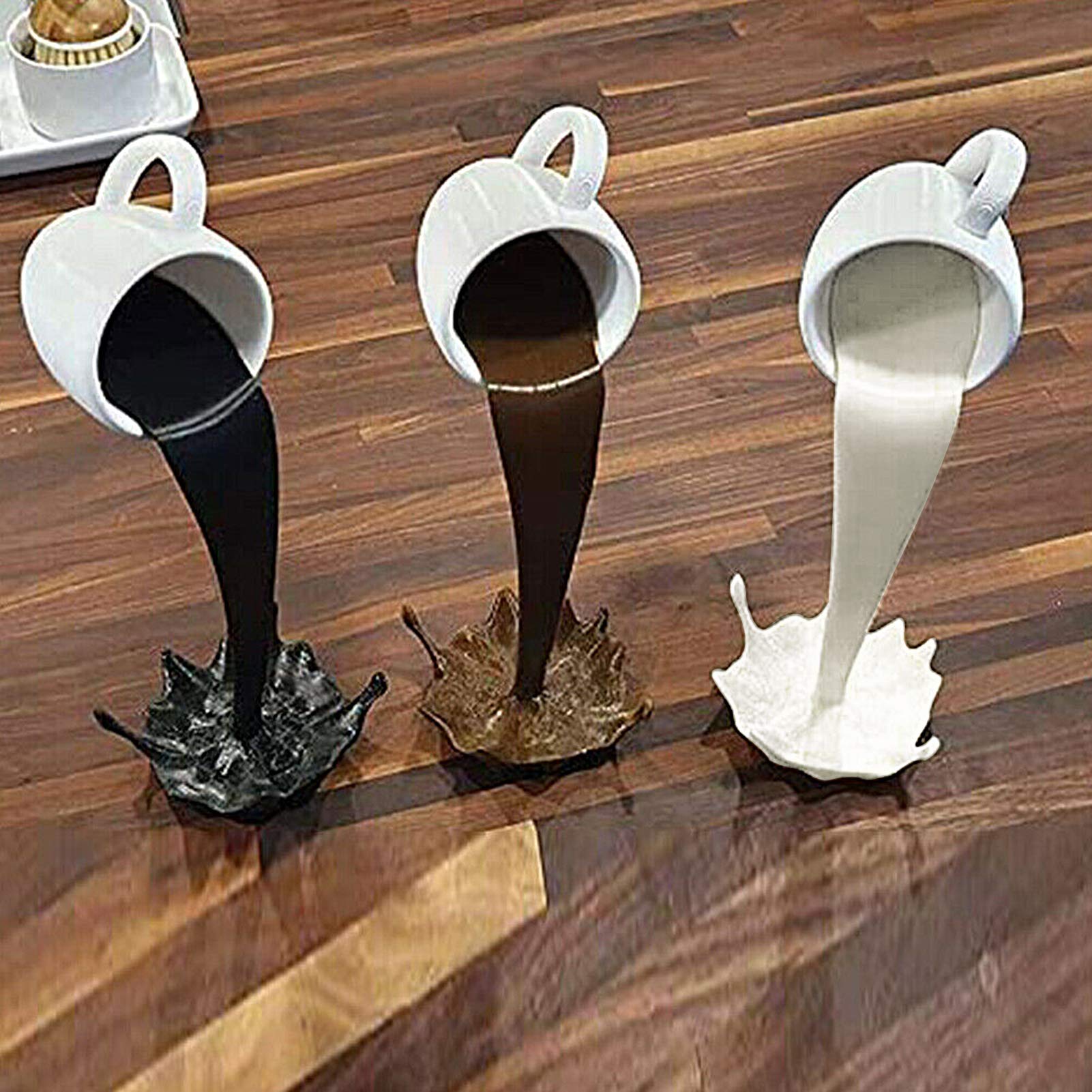 Floating Coffee Cups Coffee Bar Accessories Magic Pouring Spilling Splash Coffee Mugs Funny Sculpture Art Decor for Home, Kitchen, Present for Coffee Lover Brown