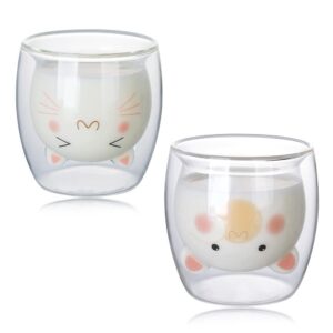 futglobal 2 pack cute mugs glass double wall insulated glass set (bear and kitten), muulaii coffee cup, milk cup, tea cup, best gift for office, birthday, valentine's day and christmas