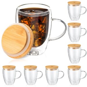 Eccliy 8 Pcs 12oz Double Walled Glass Coffee Mugs with Bamboo Lids Insulated Glass Coffee Cups Clear Tea Mug Glass Tea Cups with Handles for Hot or Iced Coffee Milk Tea Beverage Cappuccino Latte