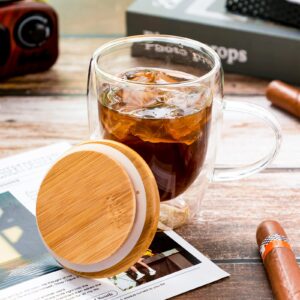 Eccliy 8 Pcs 12oz Double Walled Glass Coffee Mugs with Bamboo Lids Insulated Glass Coffee Cups Clear Tea Mug Glass Tea Cups with Handles for Hot or Iced Coffee Milk Tea Beverage Cappuccino Latte