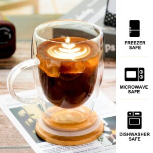 Eccliy 8 Pcs 12oz Double Walled Glass Coffee Mugs with Bamboo Lids Insulated Glass Coffee Cups Clear Tea Mug Glass Tea Cups with Handles for Hot or Iced Coffee Milk Tea Beverage Cappuccino Latte