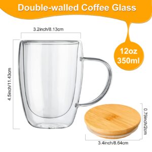 Eccliy 8 Pcs 12oz Double Walled Glass Coffee Mugs with Bamboo Lids Insulated Glass Coffee Cups Clear Tea Mug Glass Tea Cups with Handles for Hot or Iced Coffee Milk Tea Beverage Cappuccino Latte