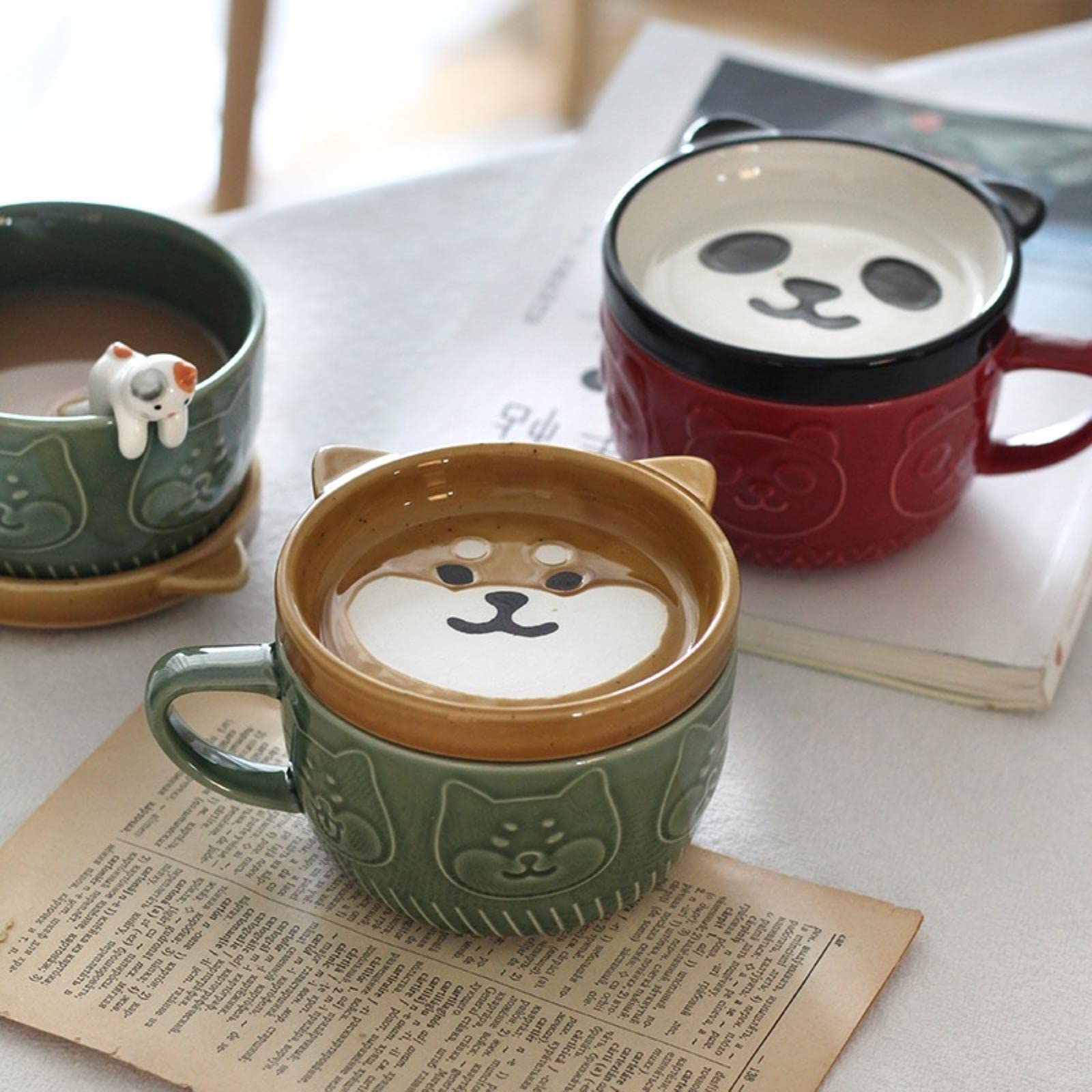 Japanese Mug with Lid Shiba Inu Panda Ceramic Cup Household Water Cup Coffee Cup Breakfast Cup Milk Cup Couple Cup Drinkware