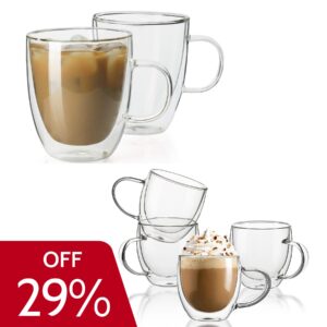 sweese 12.5oz double wall glass coffee mugs + 8 oz double wall glass coffee cups
