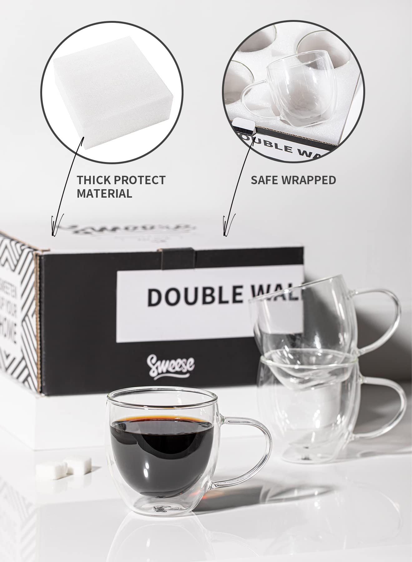 Sweese 12.5oz Double Wall Glass Coffee Mugs + 8 oz Double Wall Glass Coffee Cups