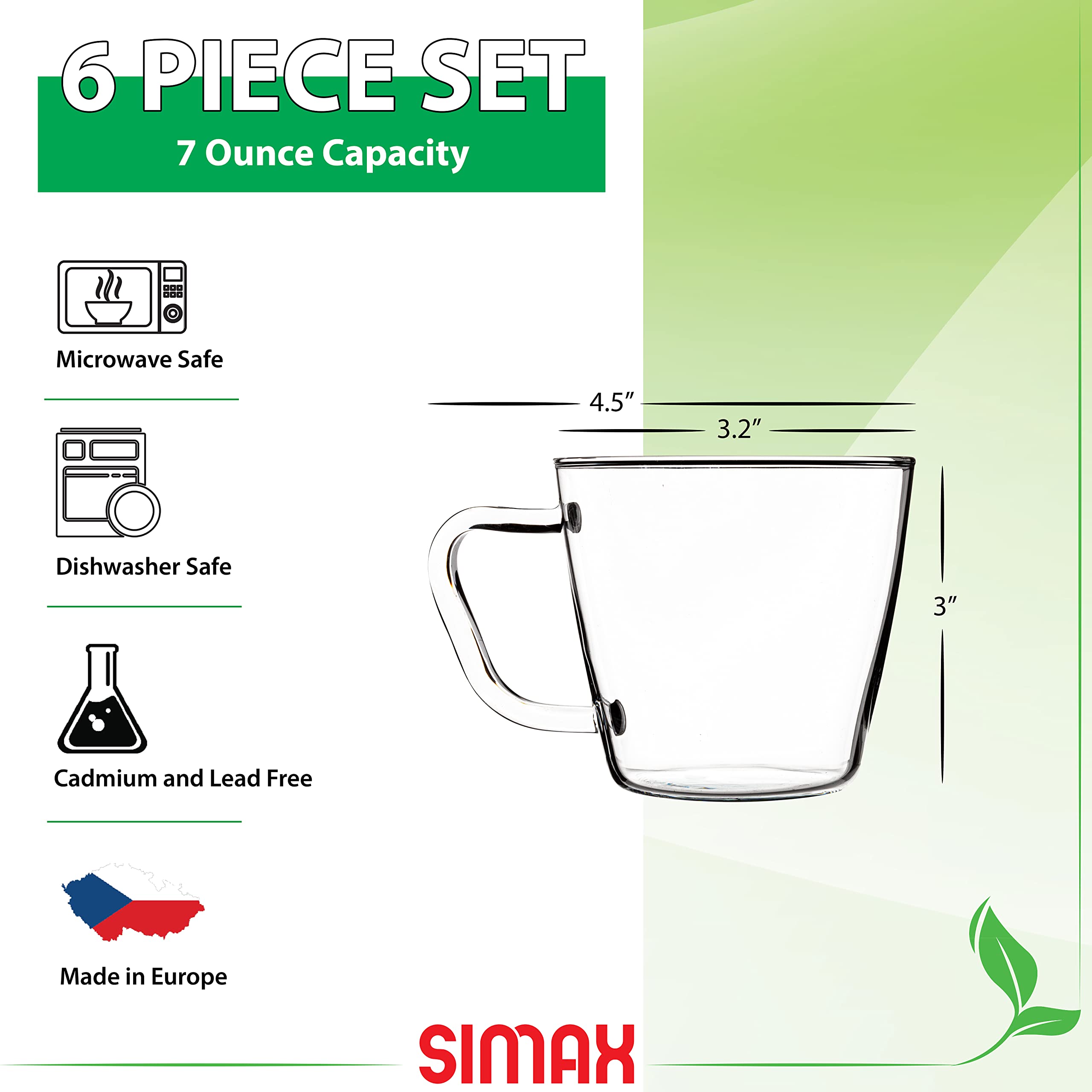 SIMAX Small Clear Coffee Mug: Borosilicate Glass Tea Cups - 7 Ounce Clear Mugs for Coffee - Coffee Glass Mugs With Handles - Clear Coffee Mugs - Cappuccino Cup - Small Coffee Cups - Tea Cup Set of 6