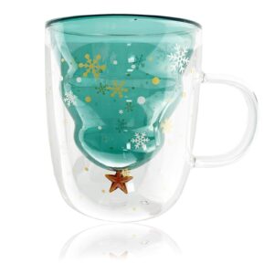 jashii glass mugs double wall glass mug with handle, bear cat animal double-layer glass mug coffee cup, christmas mug gift,cute tea milk cup. - christmas tree